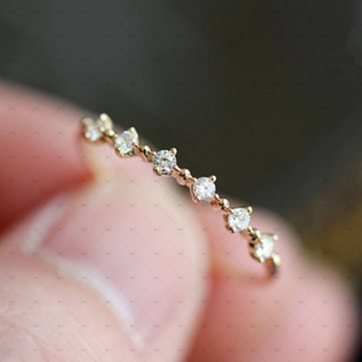 S925 Silver 14k Gold Plated 6 Zirconia Ring, Color: Yellow Gold, Size: 6