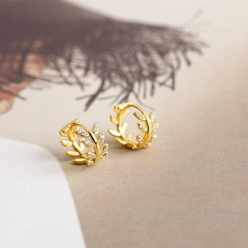 S925 Silver Olive Leaf Shape Zirconia Earrings, Color: Yellow Gold