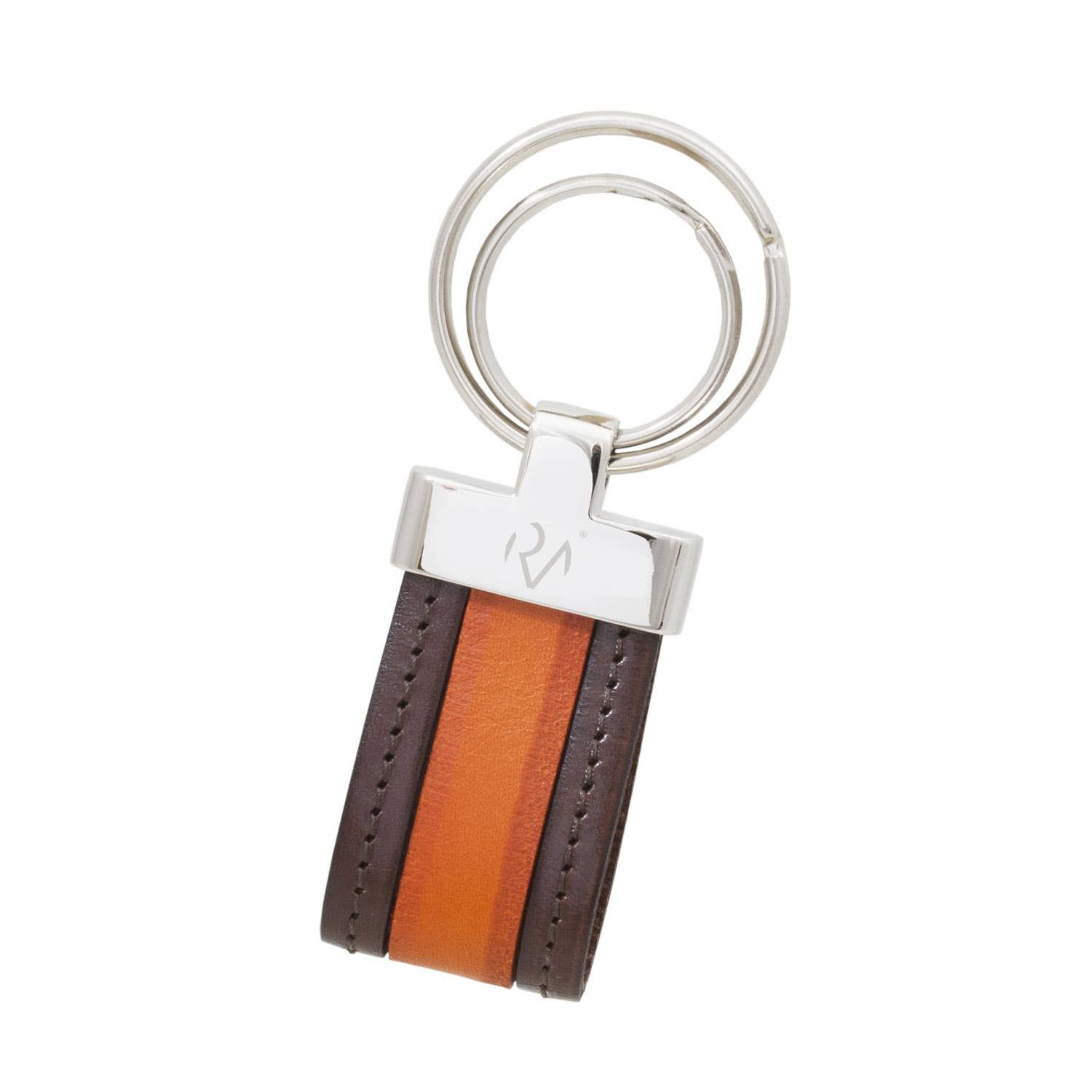 Two-tone leather and orange metal keychain