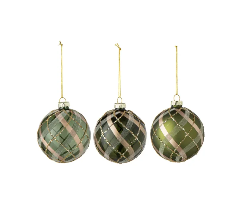 Christmas Bauble Checkered Glass Green/Gold Small Assortment Of 3