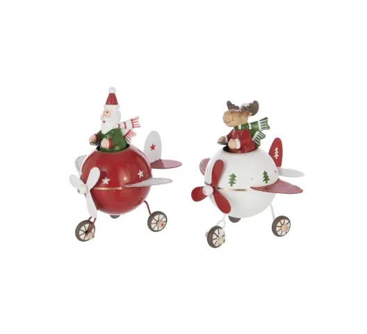 Reindeer or Santa Claus In Plane Metal Christmas Red/White Small Assortment Of 2