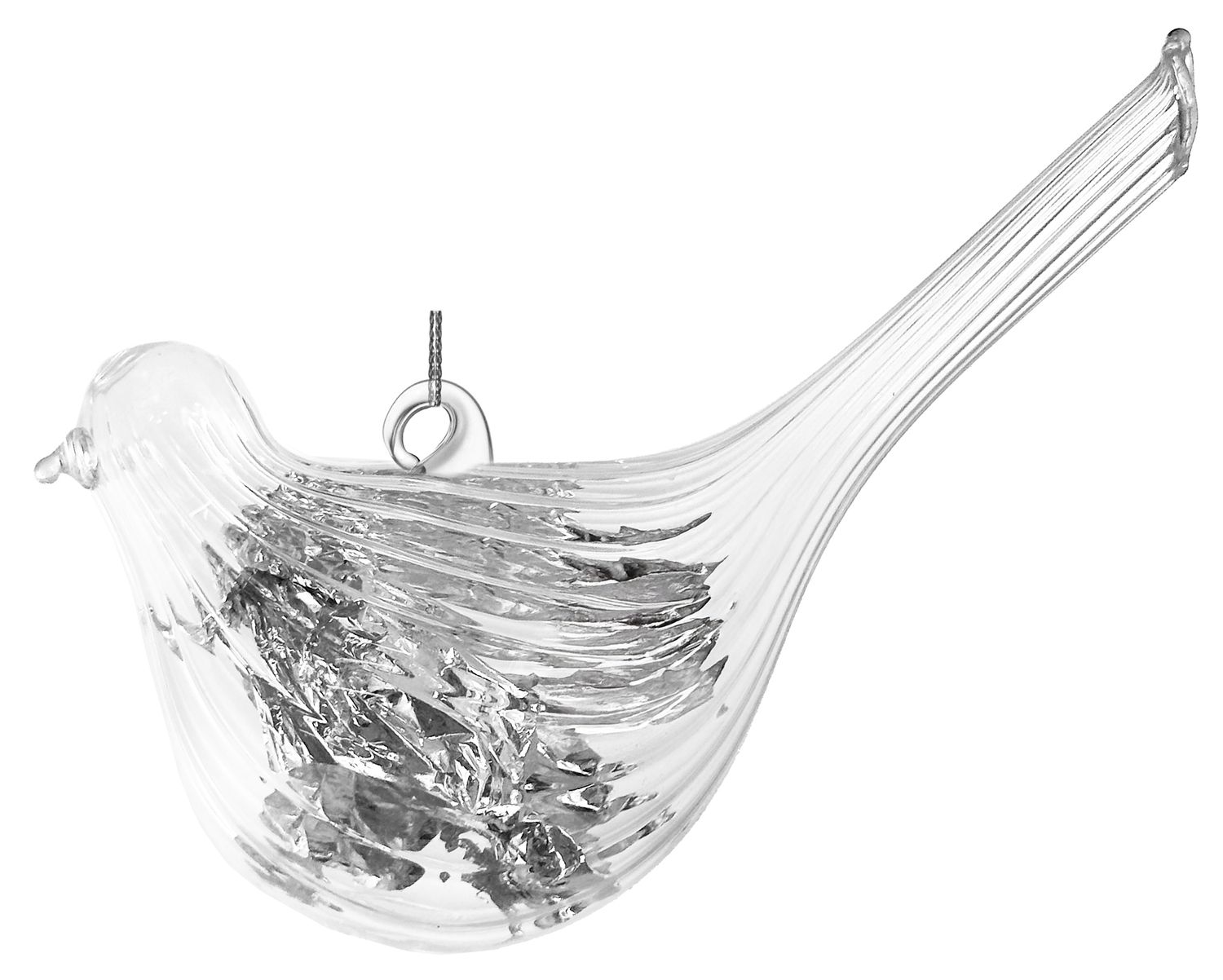 Glass bird lined clear w/silver leaf inside