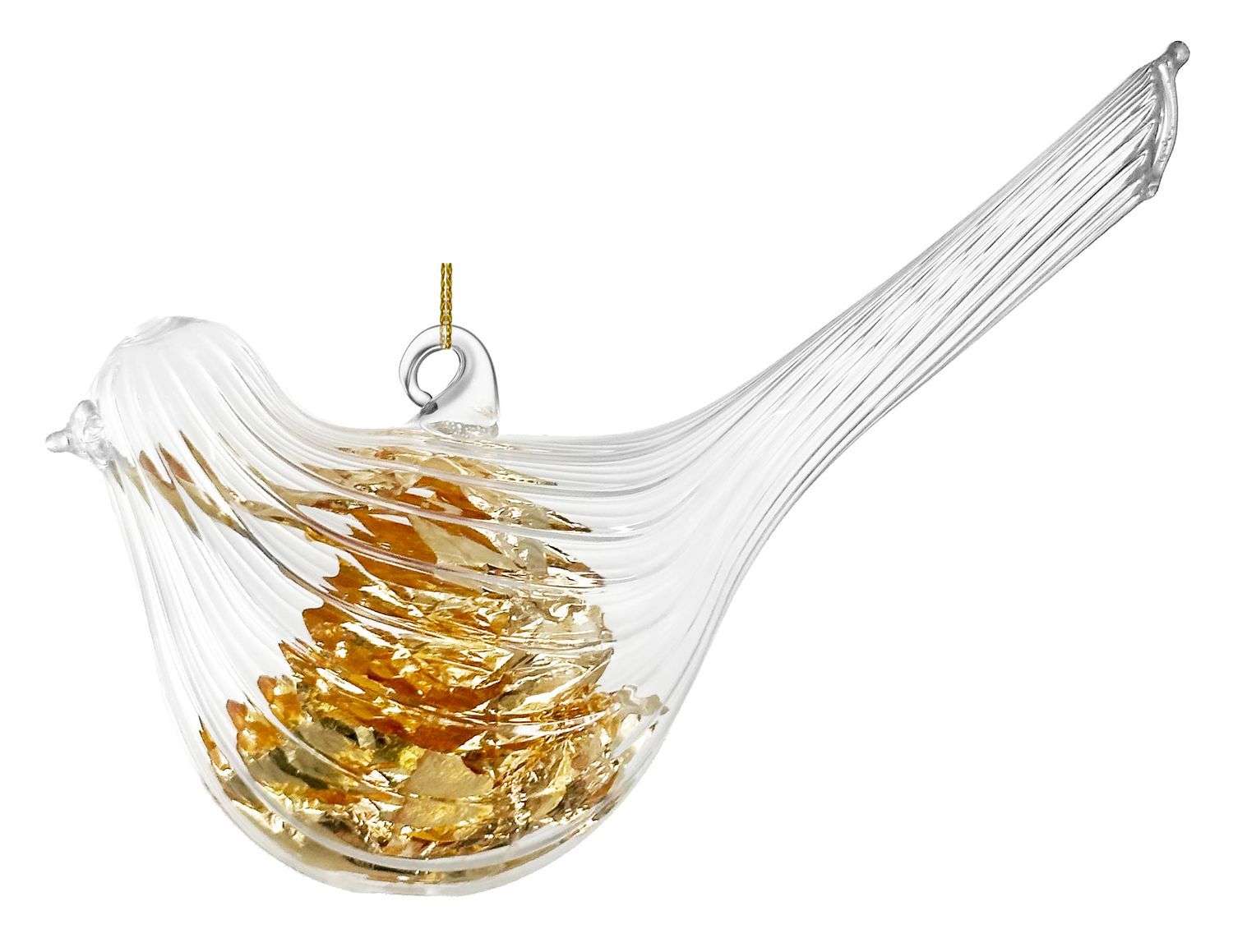 Glass bird lined clear w/gold leaf inside