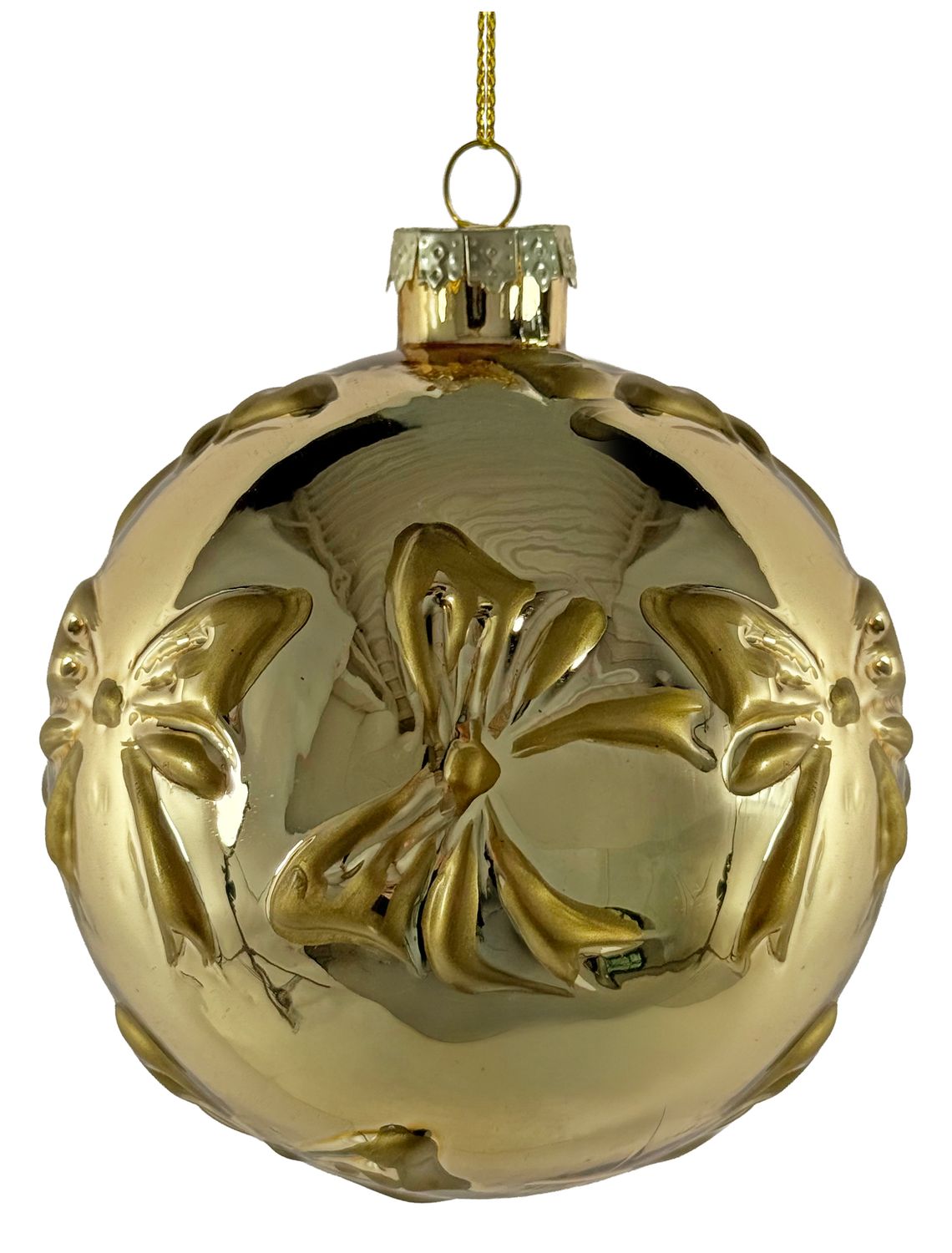 Glass ball shiny gold with bows 10cm