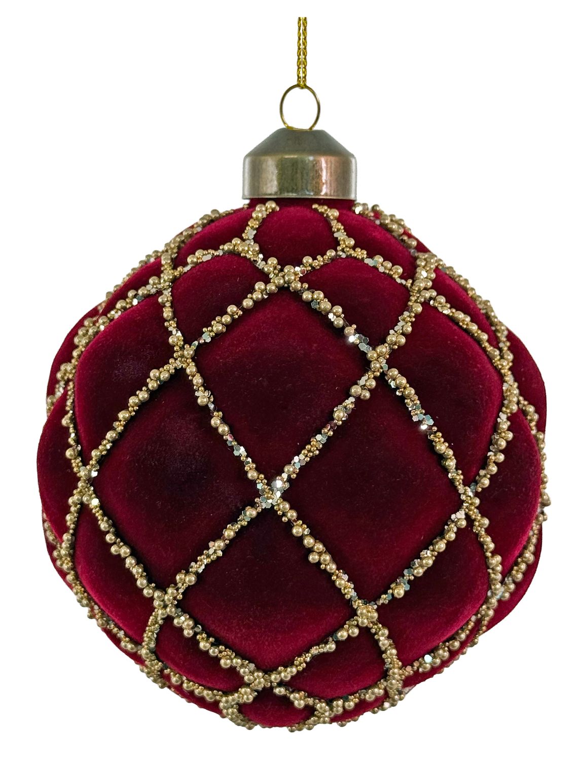 Glass velvet ball burgundy with gold beads 10cm