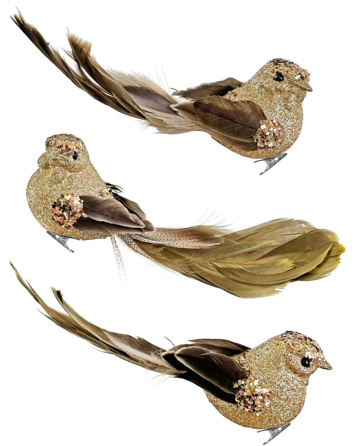 Glitter feather bird mix3 gold 14cm