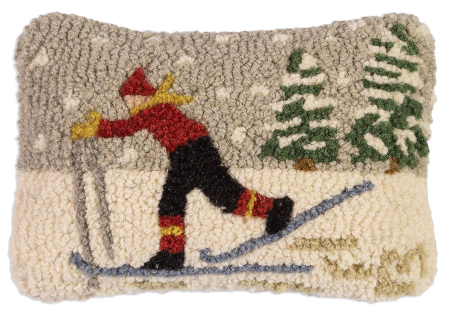 Classic XC Skier 8x12 winter hooked wool pillow