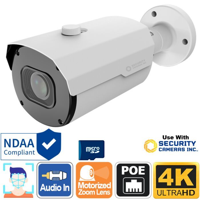 4K 30fps Motorized Zoom PoE Bullet Camera — Audio-in, Face Recognition &amp; AI Video