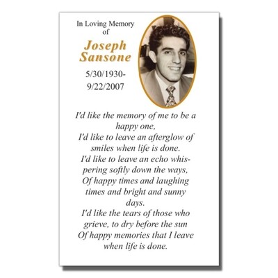Funeral Memorial Prayer Cards - Custom Personalized Photo and Prayer - Oval 1-Side
