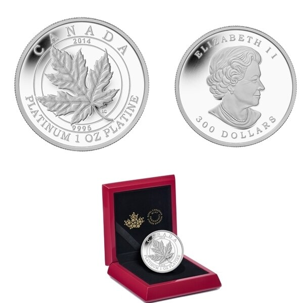 Canada. Elizabeth II. 2014. 300 Dollars. Series: Coat of arms of Canada. #02. Maple Leaf Forever. 0.9995 Platinum 0.999 Oz., APW 31.11 g., KM#. PROOF. Mintage: 250