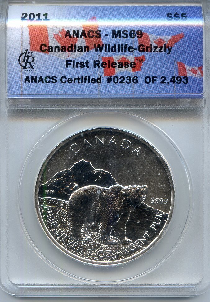 Canada. Elizabeth II. 2011. 5 Dollars. Series: Canadian Wildlife. Grizzly. 0.9999 Silver 1.0 Oz., ASW., 31.1 g., BU. First Release MS69 ANACS