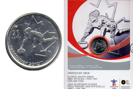 Canada. Elizabeth II. 2007. 25 cents. 2010 Vancouver Winter Olympics. #01. Curling. Fe-Ni 4.430 g., KM#682. UNC