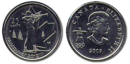 Canada. Elizabeth II. 2007. 25 cents. 2010 Vancouver Winter Olympics. #04. Biathlon. Fe-Ni 4.430 g., KM#685. UNC