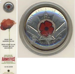Canada. Elizabeth II. 2008. 25 cents. 1918-2008. 90 years the end of World War I - Poppy. Bookmark. Colored. Fe-Ni. 4.40 g., KM#775. UNC