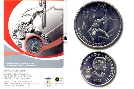 Canada. Elizabeth II. 2008. 25 cents. 2010 Vancouver Winter Olympics # 07. Freestyle - Skiing. Fe-Ni 4.430 g., KM#765. UNC