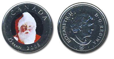 Canada. Elizabeth II. 2008. 25 cents. Christmas # 05. Santa Claus. Colored. Nickel coated steel, 4.430 g., KM# 764. UNC