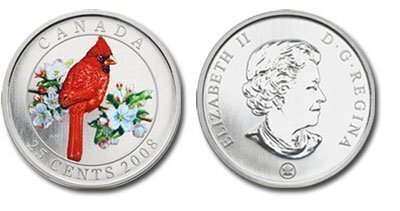 Canada. Elizabeth II. 2008. 25 cents. Series: Birds of Canada # 04. Northern Cardinal. Colored. Fe-Ni 12.610 g., KM#734. UNC