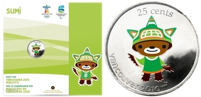 Canada. Elizabeth II. 2010. 25 cents. Series: 2010 Vancouver Winter Olympics. Mascot Animal Spirit Sumi. Fe-Ni. Colored. UNC