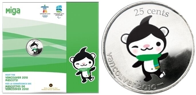Canada. Elizabeth II. 2010. 25 cents. Series: 2010 Vancouver Winter Olympics. The Mascot of the Sea Bear Mig. Fe-Ni. Colored. UNC.