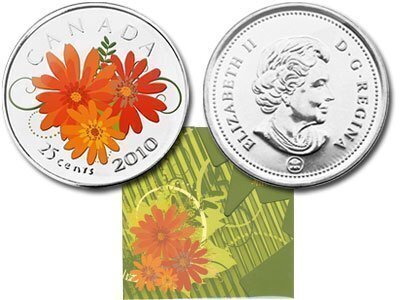 Canada. Elizabeth II. 2010. 25 cents. Series: Thank you! # 02. Three flowers. Colored. KM#992. UNC