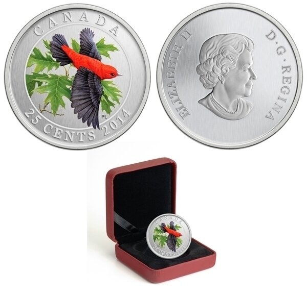 Canada. Elizabeth II. 2014. 25 Cents. Series: Birds of Canada # 14. Scarlet Tanager. Colored. Cu-Ni 12.610 g. UNC.