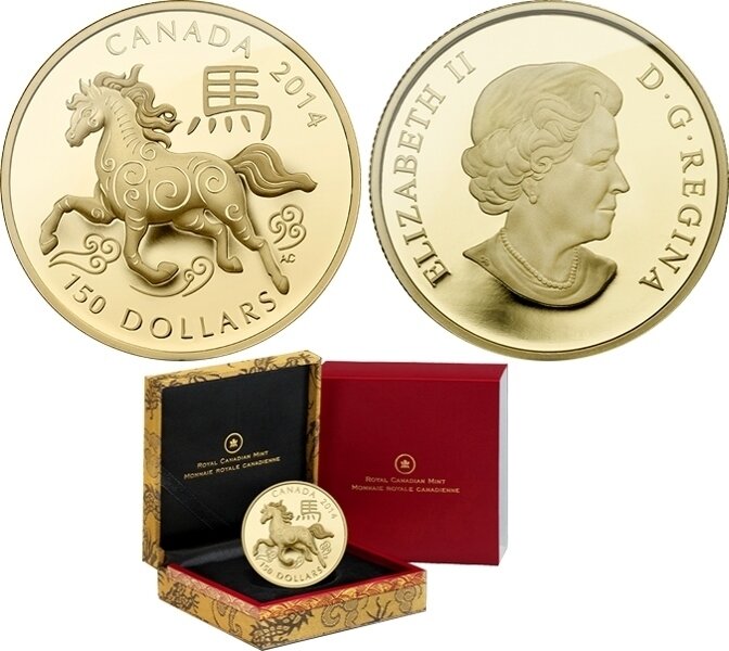 Canada. Elizabeth II. 2014. 150 Dollars. Series: Chinese Lunar Calendar. #05 - Year of the Horse. 0.750 Gold 0.420 Oz. AGW, 11.840 g. PROOF. Mintage: 2,500