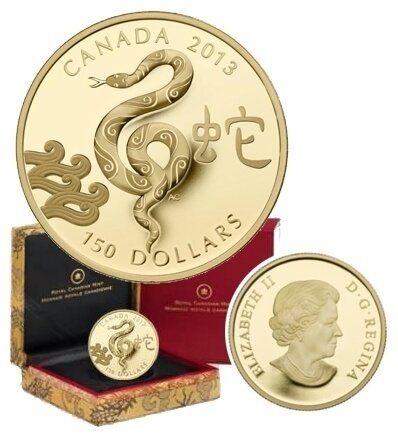 Canada. Elizabeth II. 2013. 150 Dollars. Series: Chinese Lunar Calendar. #04 - Year of the Snake. 0.750 Gold 0.420 Oz. AGW. 11.840 g. PROOF. Mintage: 2,500
