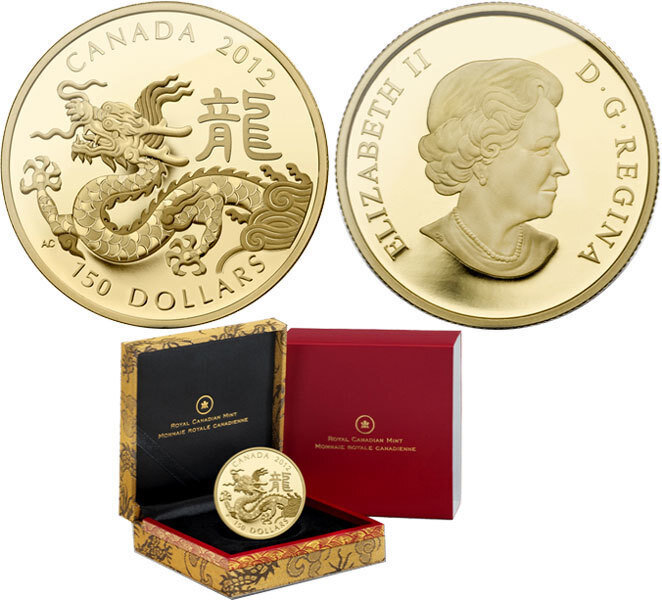Canada. Elizabeth II. 2012. 150 Dollars. Series: Chinese Lunar Calendar. #03 - Year of the Dragon. 0.750 Gold 0.420 Oz., AGW. 11.840 g. PROOF. Mintage: 2,500