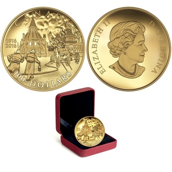 Canada. Elizabeth II. 2016. 100 Dollars. 1916-2016. 100 Years of Saving the Library after a Fire in Parliament. 0.585 Gold 0.42 Oz., AGW., 12.00 g., PROOF. Mintage: 1,500