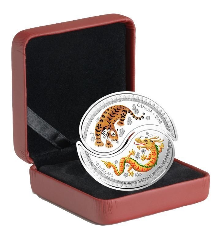 Canada. Elizabeth II. 2018. 10 Dollars. A set of 2 coins. Series: Yin and Yan. Tiger and Golden Dragon. 0.9999 Silver 1.12 Oz., ASW., 15.870 g. × 2 pcs. PROOF / Colored. Mintage: 6,000