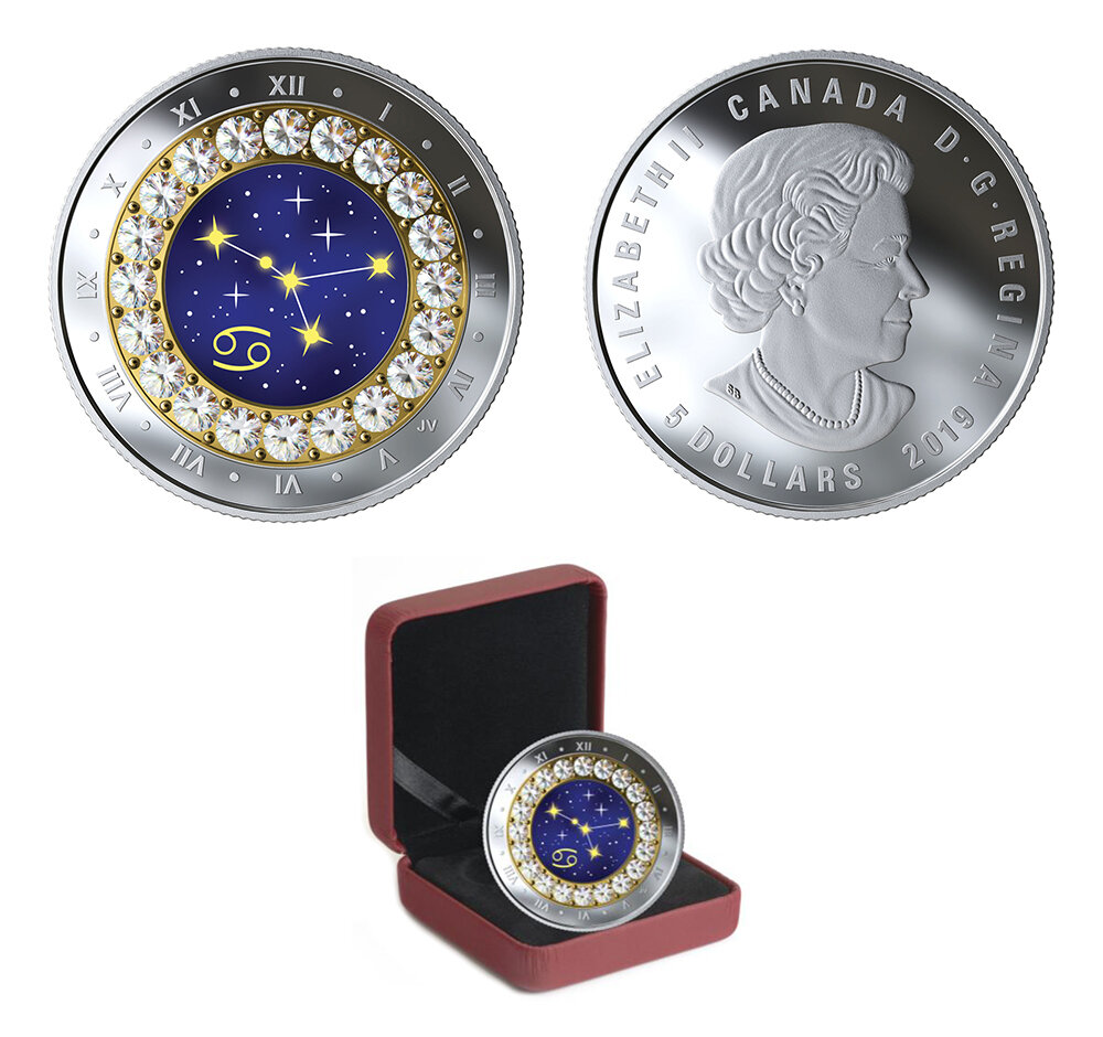 Canada. Elizabeth II. 2019. 5 Dollars. Series: Zodiac 2019. # 07 - Cancer. 0.9999 Silver 0.25 Oz., ASW., 7.96 g., PROOF/Crystal. Mintage: 4,000