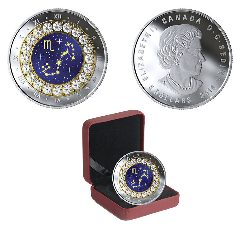 Canada. Elizabeth II. 2019. 5 Dollars. Series: Zodiac 2019. # 11 - Scorpio. 0.9999 Silver 0.25 Oz., ASW., 7.96 g., PROOF/Crystal. Mintage: 4,000