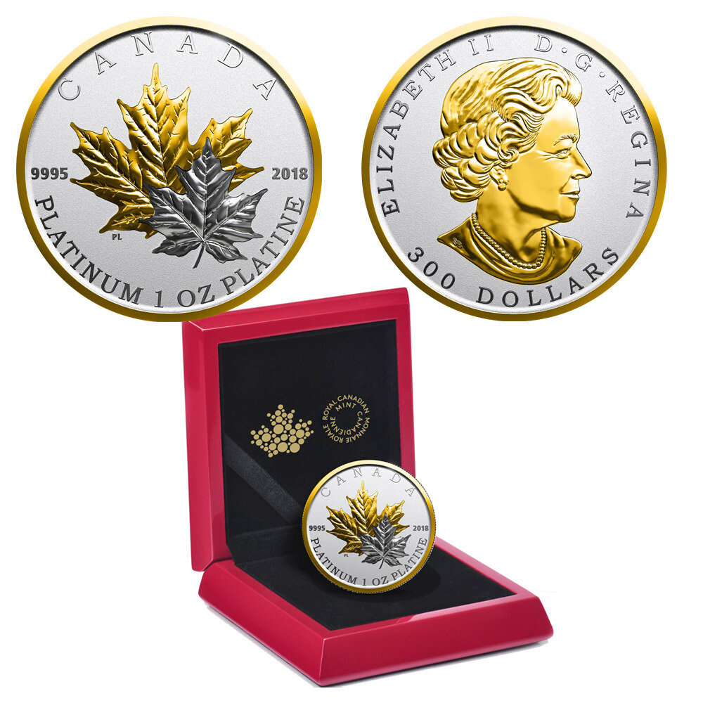 Canada. Elizabeth II. 2018. 300 Dollars. Series: Coat of Arms of Canada. #06. Maple Leaf Forever. 0.9995 Platinum 0.999 Oz., APW 31.11 g., KM#. PROOF/Colored. Mintage: 250
