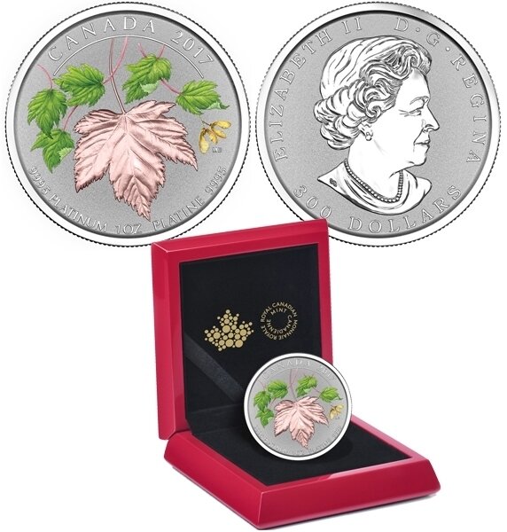Canada. Elizabeth II. 2017. 300 Dollars. Series: Coat of Arms of Canada. #05. Maple Leaf Forever. 0.9995 Platinum 0.999 Oz., APW 31.11 g., KM#. PROOF/Colored. Mintage: 250