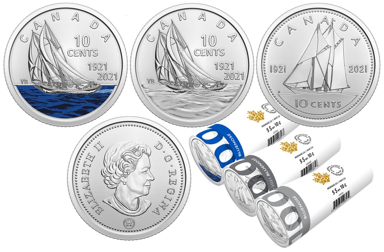 Canada. Elizabeth II. 2021. 10 Cents - 3 rolls of 50 coins. Series: 100 Years old Sailboat Bluenose. Nickel 1.75 g. UNC