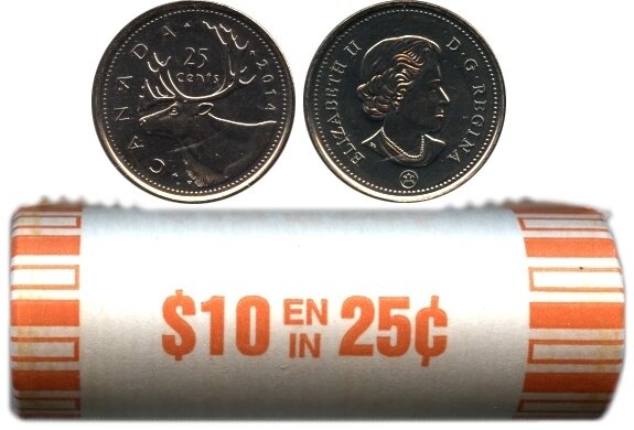 Canada. Elizabeth II. 2014. 25 Cents - a roll of 40 coins. Caribou. Fe-Ni 4.430 g. UNC