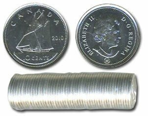 Canada. Elizabeth II. 2010. 10 cents - a roll of 50 coins. Bluenose. Type: 1979. Nickel 2.07 g. UNC