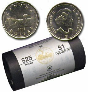 Canada. Elizabeth II. 2006. 1 dollar - a roll of 25 coins. Lucky Loonie. RCM logo. Ni-Cu. KM#. UNC