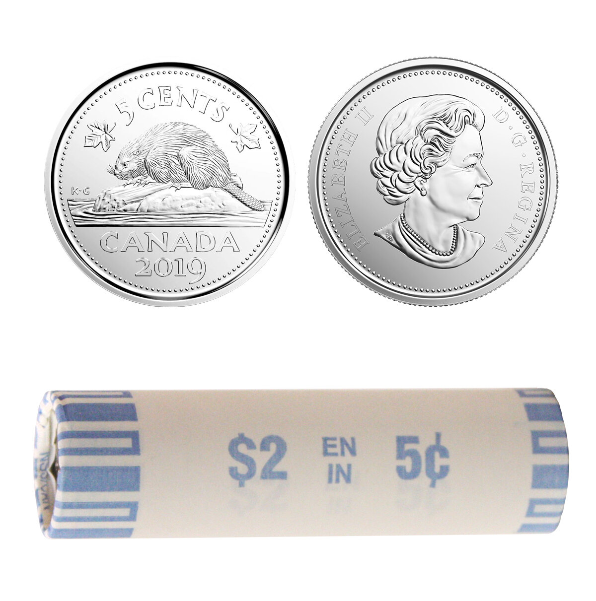 Canada. Elizabeth II. 2019. 5 Cents - a roll of 40 coins. Beaver. RCM logo. Nickel 4.54 g. UNC