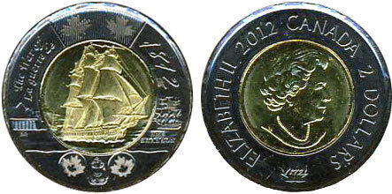 Canada. Elizabeth II. 2012. 2 dollars. 1812-2012. Heroes of the war of 1812. HMS Shannon. Ni, Cu, Al. 7.30 g. UNC