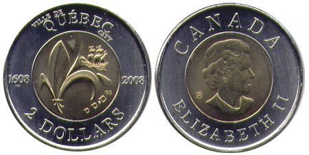 Canada. Elizabeth II. 2008. 2 dollars. 1608-2008. 400 years of Quebec. Ni, Cu, Al. 7.30 g. UNC