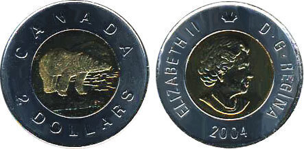 Canada. Elizabeth II. 2004. 2 dollars. Polar Bear. No RCM logo. Ni, Cu, Al. 7.30 g. UNC