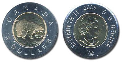 Canada. Elizabeth II. 2008. 2 dollars. Polar Bear. RCM logo. Ni, Cu, Al. 7.30 g., Proof-Like