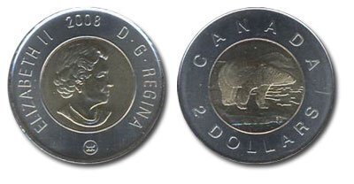 Canada. Elizabeth II. 2008. 2 dollars. Polar Bear. RCM logo. Ni, Cu, Al. 7.30 g. UNC