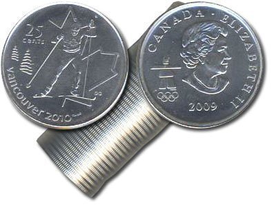 Canada. Elizabeth II. 2009. 25 cents. 2010 Vancouver Winter Olympics # 10. Running Skis. Fe-Ni 4.430 g., KM#840. UNC.