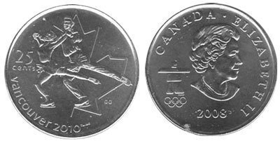 Canada. Elizabeth II. 2008. 25 cents. 2010 Vancouver Winter Olympics # 08. Figure skating. Fe-Ni 4.430 g., KM#766. UNC.