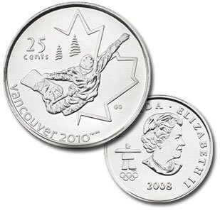 Canada. Elizabeth II. 2008. 25 cents. 2010 Vancouver Winter Olympics. #06. Snowboarding. Fe-Ni 4.430 g., KM#768. UNC.