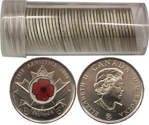 Canada. Elizabeth II. 2008. 25 cents. 1918-2008. 90 years the end of World War I - Poppy. Colored. Fe-Ni. 4.40 g., KM#775. UNC
