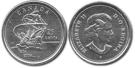 Canada. Elizabeth II. 2004. 25 cents. The First Settlement is the Santa Cruz Ship. Fe-Ni. 4.430 g., KM#510. UNC