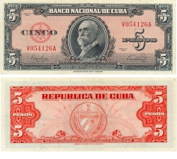 Cuba. Paper money. 1949. 5 pesos. Maximo Gomez. Type: 1949. Series/No.:. Signature:. Catalog #. PRESS (UNC)